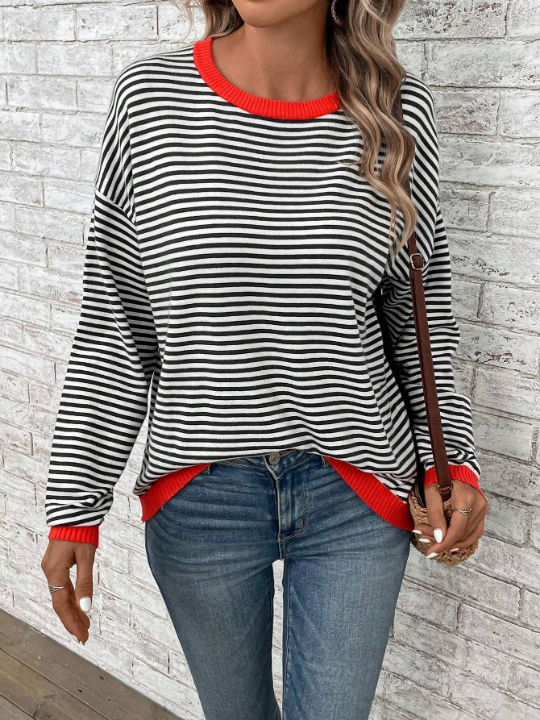 EMERY ROSE Striped Pattern Drop Shoulder Sweater