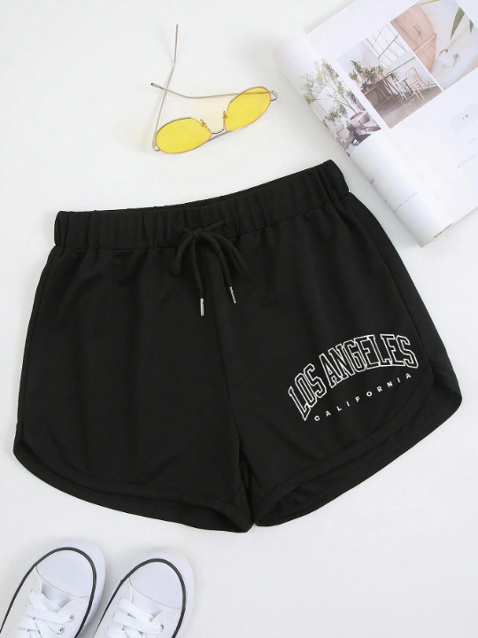 Letter Graphic Drawstring Waist Track Shorts