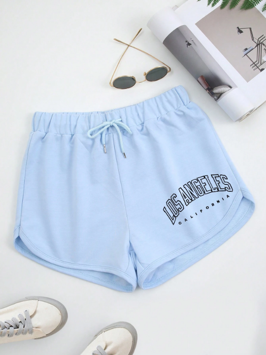 Letter Graphic Drawstring Waist Track Shorts