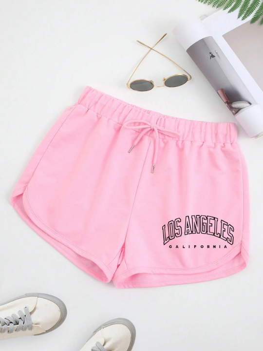 Letter Graphic Tie Front Track Shorts