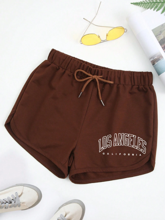 Letter Graphic Drawstring Waist Track Shorts