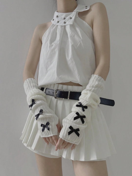 1 Pair Women's Ballet Style White Arm Warmer And Black Knitted Gloves For Warm In Autumn And Winter, Decorated With Bow-knot, Using Y2k And Japanese Style, Suitable For Daily Wear/dating/home/outdoor Activities.