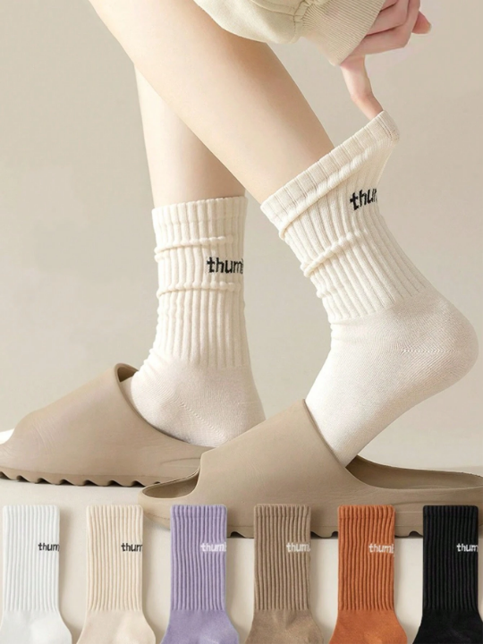 6 Pairs/set Multicolor Solid Color Sport Casual Pile Socks For Women