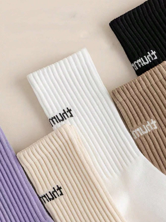 6 Pairs/set Multicolor Solid Color Sport Casual Pile Socks For Women