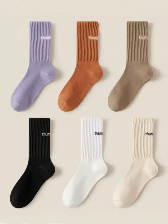 6 Pairs/set Multicolor Solid Color Sport Casual Pile Socks For Women