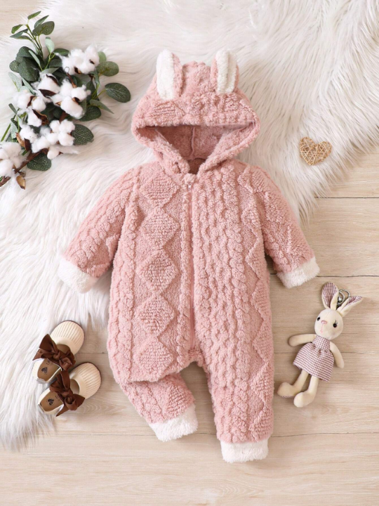 Baby Girl 3D Ear Design Hooded Teddy Jumpsuit