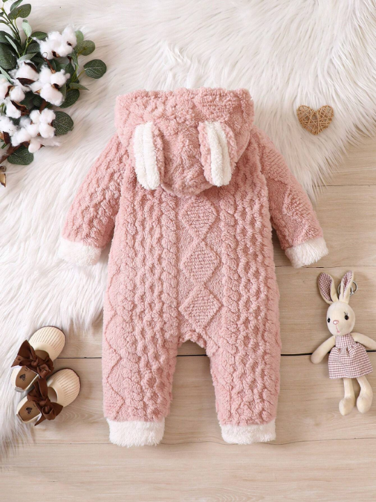 Baby Girl 3D Ear Design Hooded Teddy Jumpsuit