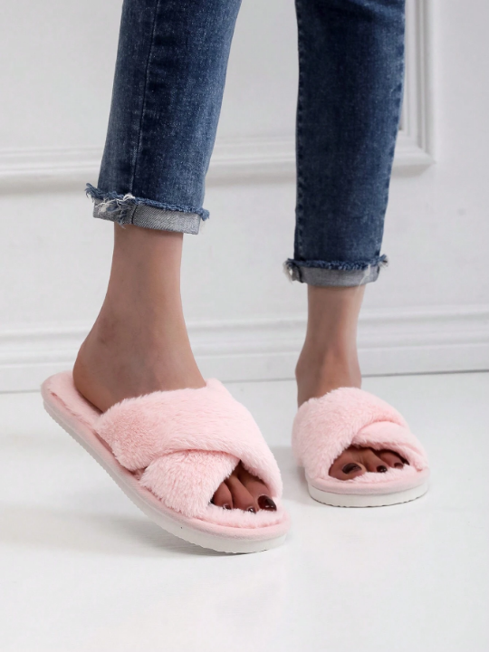 Women Criss Cross Bedroom Slippers, Preppy Indoor Fluffy Home Slippers