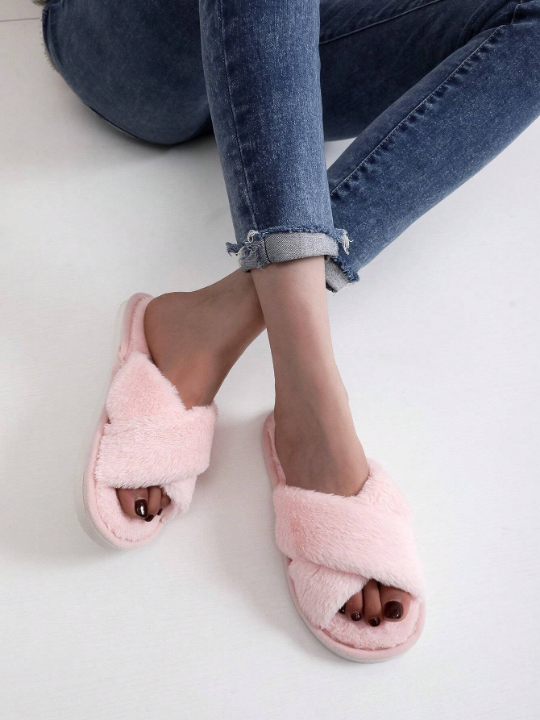 Women Criss Cross Bedroom Slippers, Preppy Indoor Fluffy Home Slippers