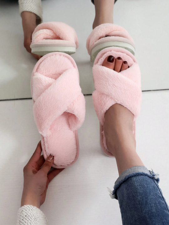 Women Criss Cross Bedroom Slippers, Preppy Indoor Fluffy Home Slippers