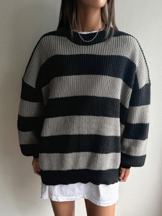 DAZY Striped Pattern Drop Shoulder Sweater