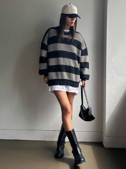 DAZY Striped Pattern Drop Shoulder Sweater