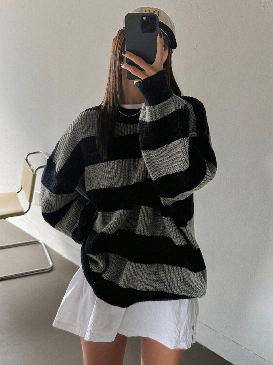 DAZY Striped Pattern Drop Shoulder Sweater