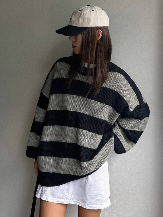 DAZY Striped Pattern Drop Shoulder Sweater