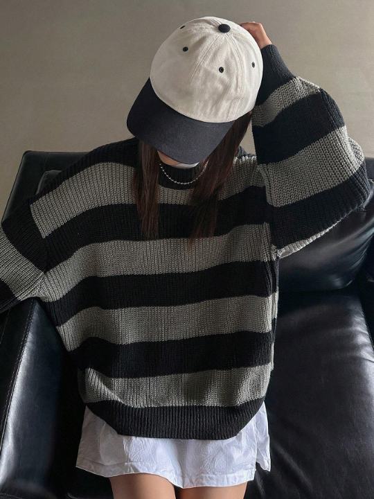 DAZY Striped Pattern Drop Shoulder Sweater