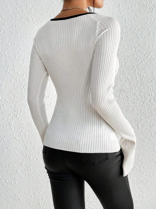 Priv Contrast Binding Sweetheart Neck Raglan Sleeve Sweater