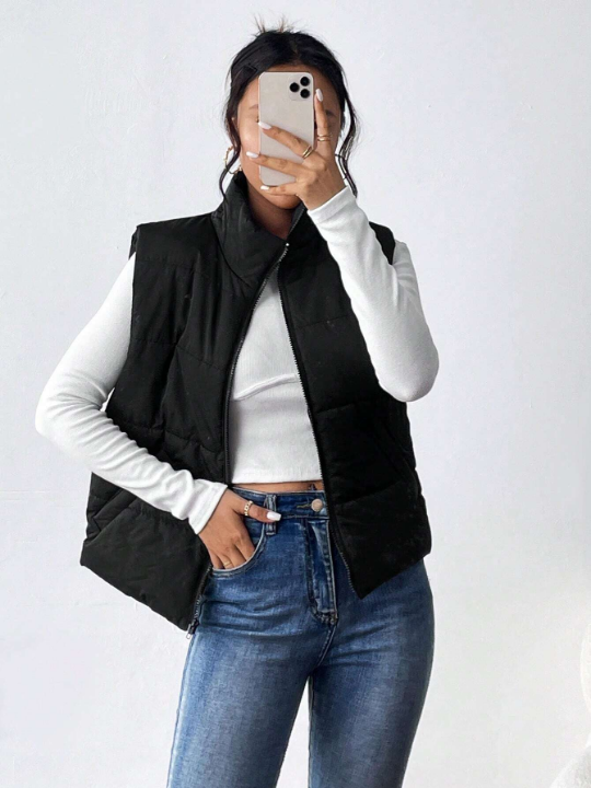 Essnce Zip Up Sleeveless Puffer Coat