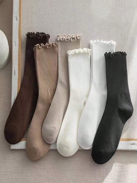 6pairs Women's Autumn/winter Anti-slip Flower & Ear Edge Lace Detail Casual Crew Socks