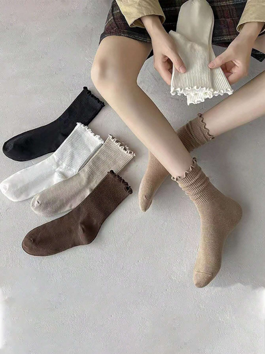 6pairs Women's Autumn/winter Anti-slip Flower & Ear Edge Lace Detail Casual Crew Socks