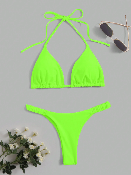 Swim Basics Solid Triangle Halter Bikini Swimsuit