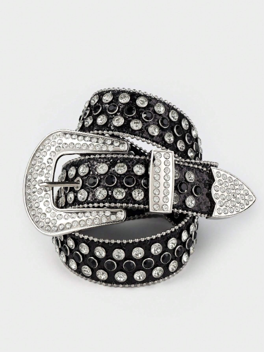 1pc Black-silver Punk Style Jeans Belt With Rivets & Rhinestones, Suitable For Women