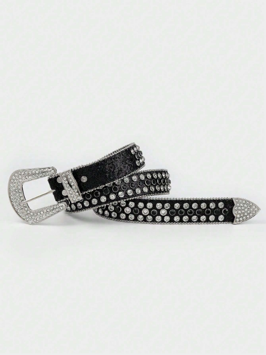 1pc Black-silver Punk Style Jeans Belt With Rivets & Rhinestones, Suitable For Women