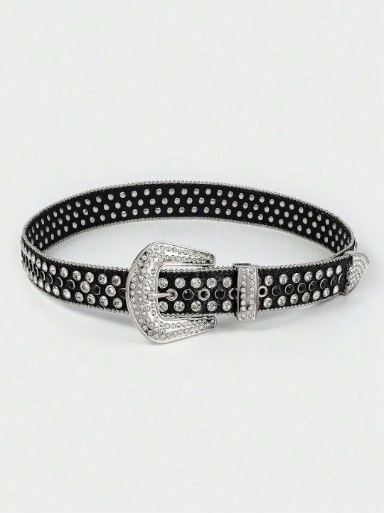 1pc Black-silver Punk Style Jeans Belt With Rivets & Rhinestones, Suitable For Women