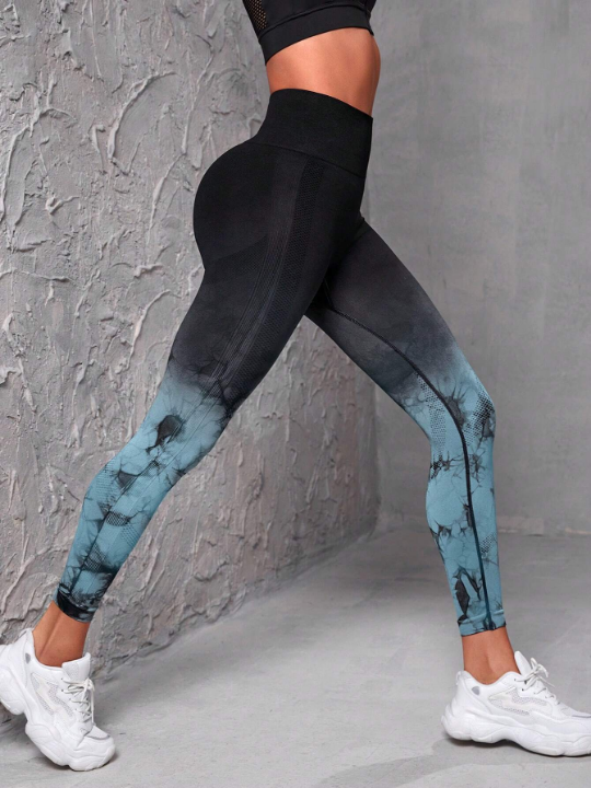 Yoga Trendy Ombre & Random Print Yoga Leggings Seamless High Stretch Tummy Control Sports Tights