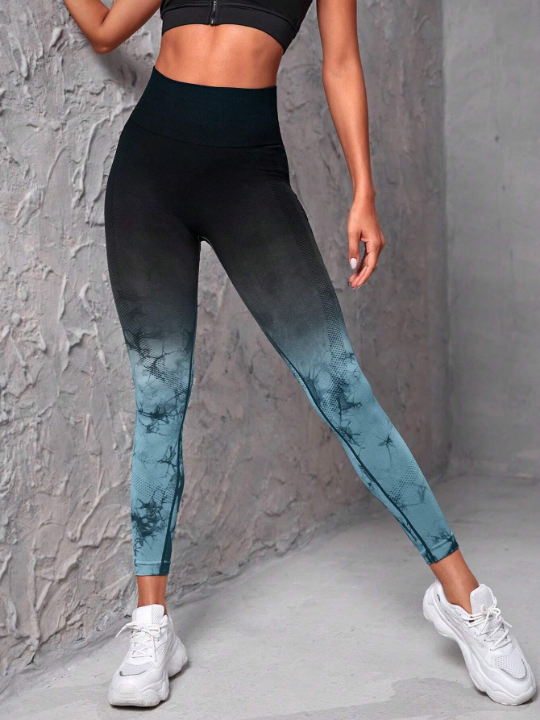 Yoga Trendy Ombre & Random Print Yoga Leggings Seamless High Stretch Tummy Control Sports Tights