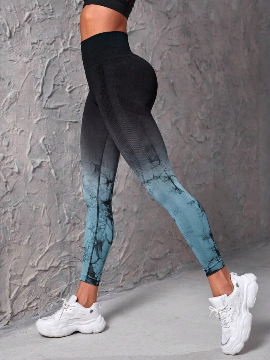 Yoga Trendy Ombre & Random Print Yoga Leggings Seamless High Stretch Tummy Control Sports Tights