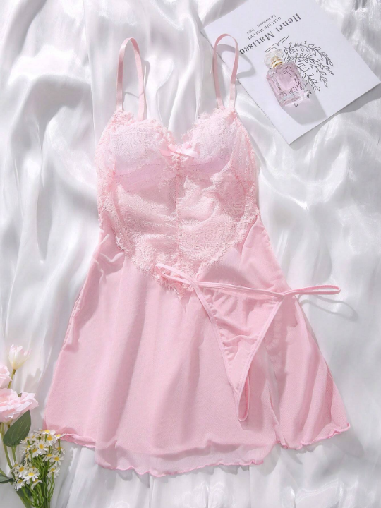 Classic Sexy Contrast Lace Mesh Slips With Thong