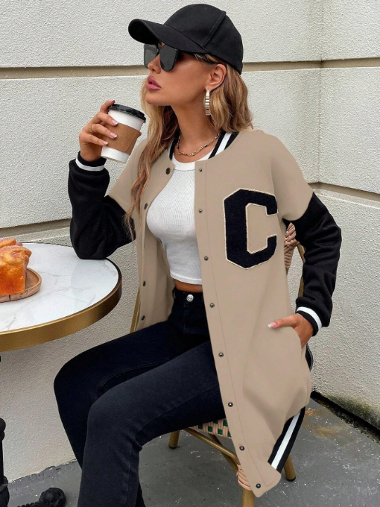 Unity Letter Patched Striped Trim Drop Shoulder Varsity Jacket