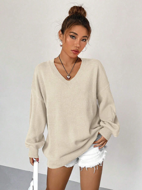 Qutie Solid V Neck Drop Shoulder Sweater