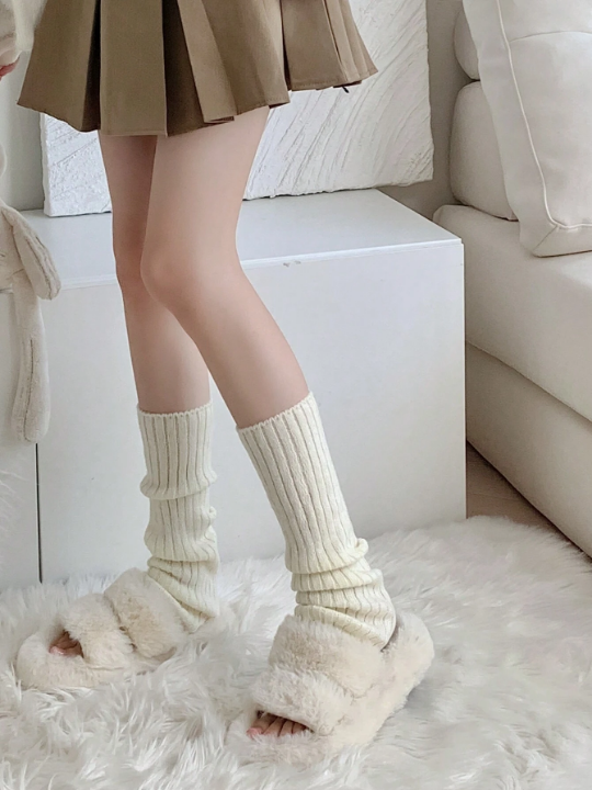 1 Pair Basic Solid Color Women's Leg Warmer, Fashion Arm Warmer, Knitted Pile Socks For Autumn & Winter, Japanese Schoolgirl Style Leg/arm Wamer