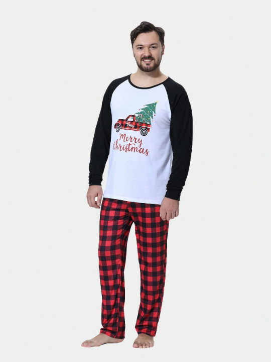 2pcs/set Men's Home Wear Set, Interesting Car & Christmas Tree Print, Including Long Sleeve Top And Pants, Suitable For Family Matching