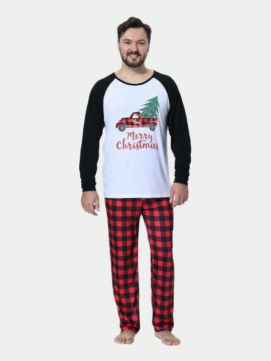 2pcs/set Men's Home Wear Set, Interesting Car & Christmas Tree Print, Including Long Sleeve Top And Pants, Suitable For Family Matching