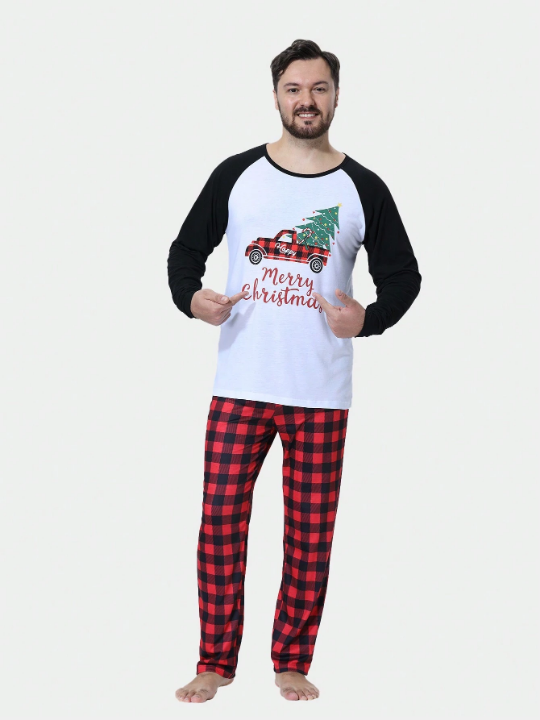 2pcs/set Men's Home Wear Set, Interesting Car & Christmas Tree Print, Including Long Sleeve Top And Pants, Suitable For Family Matching