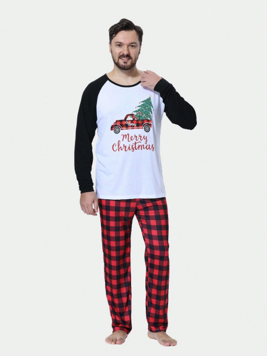 2pcs/set Men's Home Wear Set, Interesting Car & Christmas Tree Print, Including Long Sleeve Top And Pants, Suitable For Family Matching