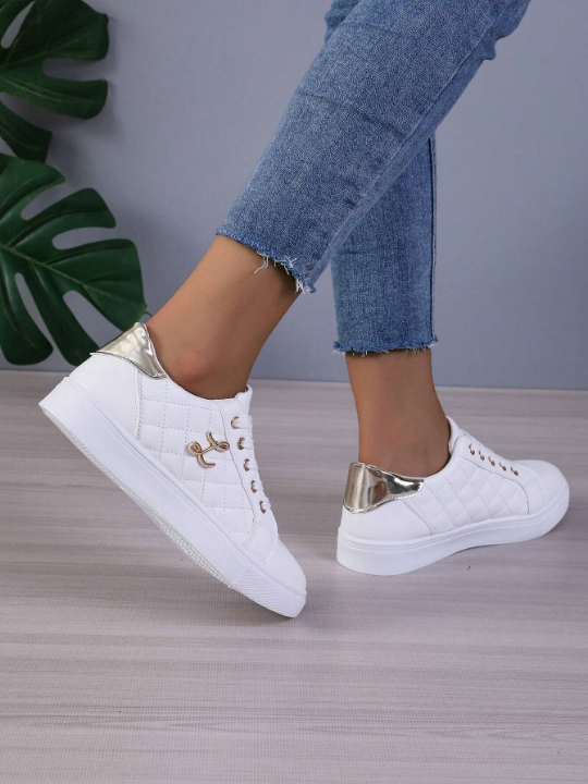 Ladies' Low Cut Sporty Sneakers With Thin Front Strap, Lightweight Casual Flat White Shoes For Students