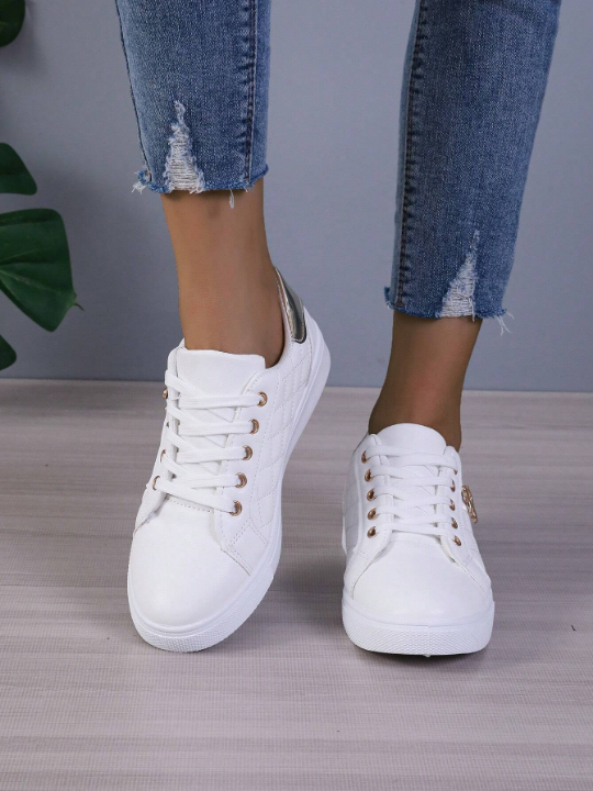 Ladies' Low Cut Sporty Sneakers With Thin Front Strap, Lightweight Casual Flat White Shoes For Students