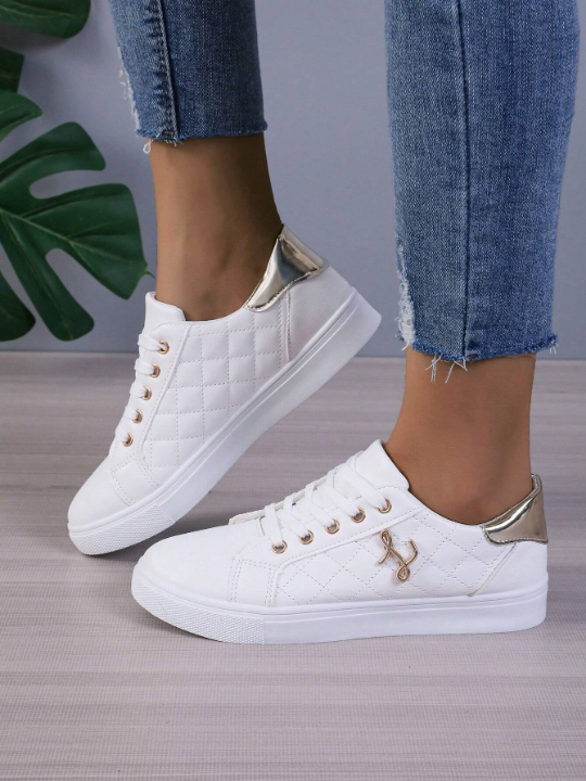 Ladies' Low Cut Sporty Sneakers With Thin Front Strap, Lightweight Casual Flat White Shoes For Students