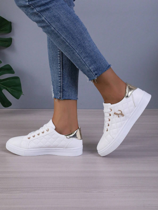 Ladies' Low Cut Sporty Sneakers With Thin Front Strap, Lightweight Casual Flat White Shoes For Students