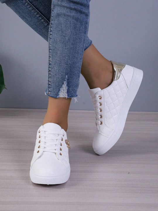 Ladies' Low Cut Sporty Sneakers With Thin Front Strap, Lightweight Casual Flat White Shoes For Students