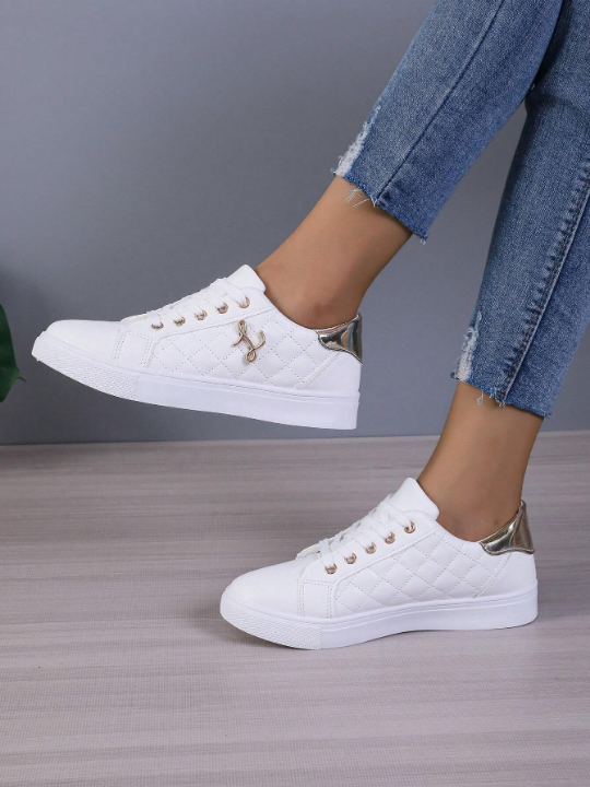 Ladies' Low Cut Sporty Sneakers With Thin Front Strap, Lightweight Casual Flat White Shoes For Students