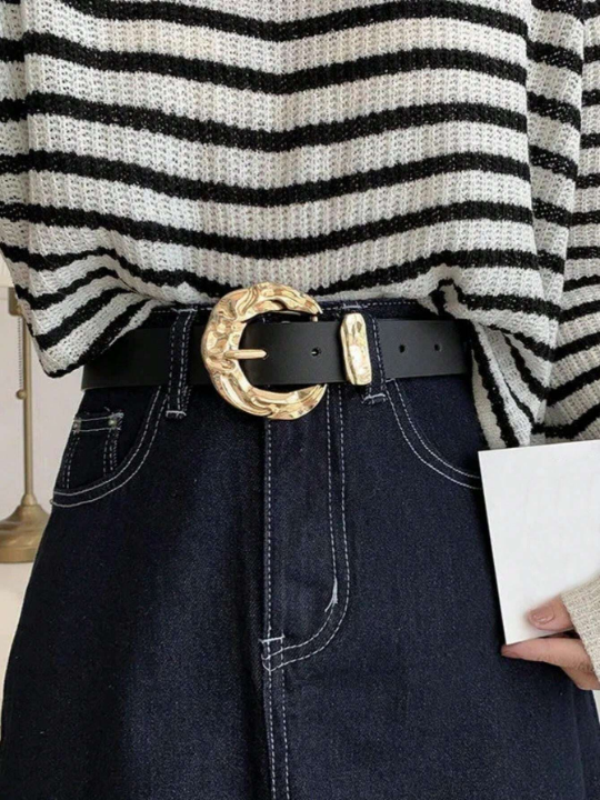 Textured Metal Buckle Belt PU Belt for Jeans Pants
