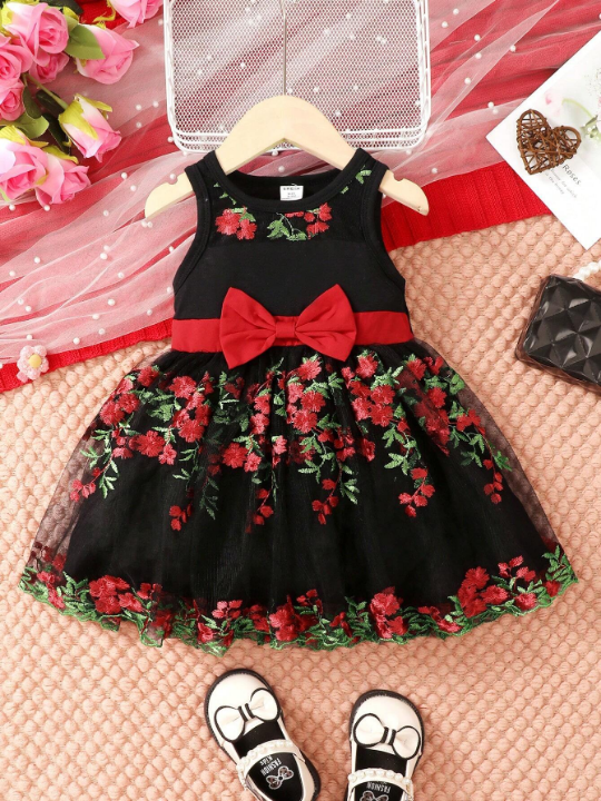 Baby Girl Floral Embroidery Mesh Overlay Bow Front Dress