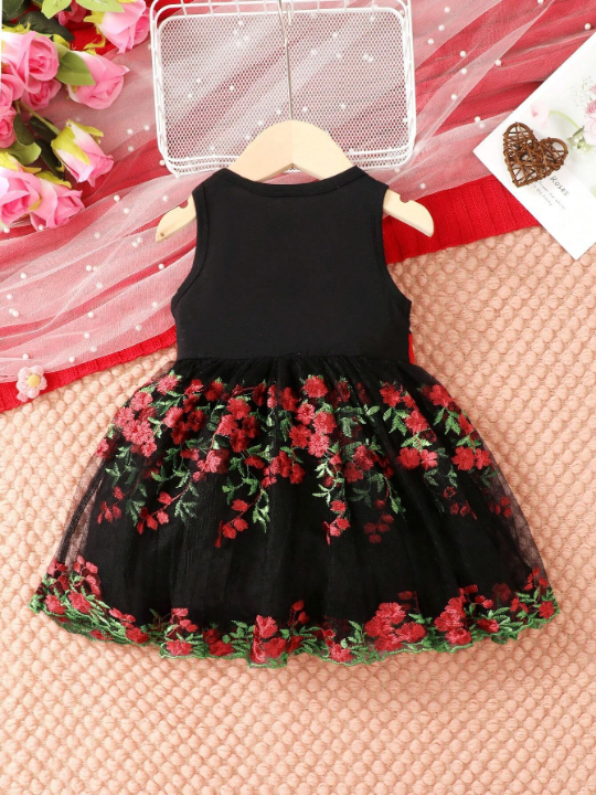 Baby Girl Floral Embroidery Mesh Overlay Bow Front Dress