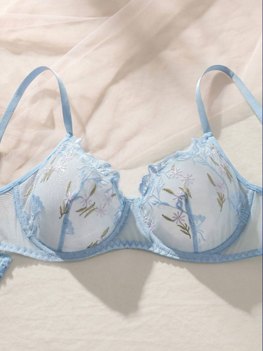 Classic Sexy Floral Embroidery Mesh Underwire Lingerie Set