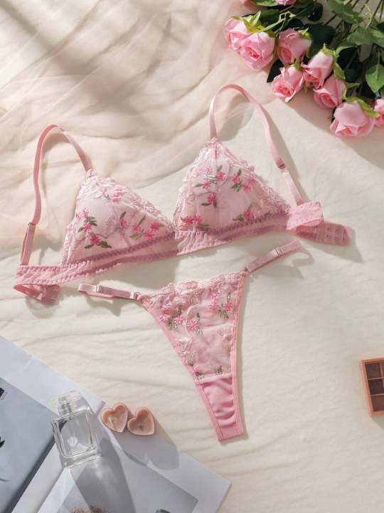 Floral Embroidery Mesh Lingerie Set