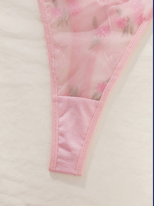 Floral Embroidery Mesh Lingerie Set
